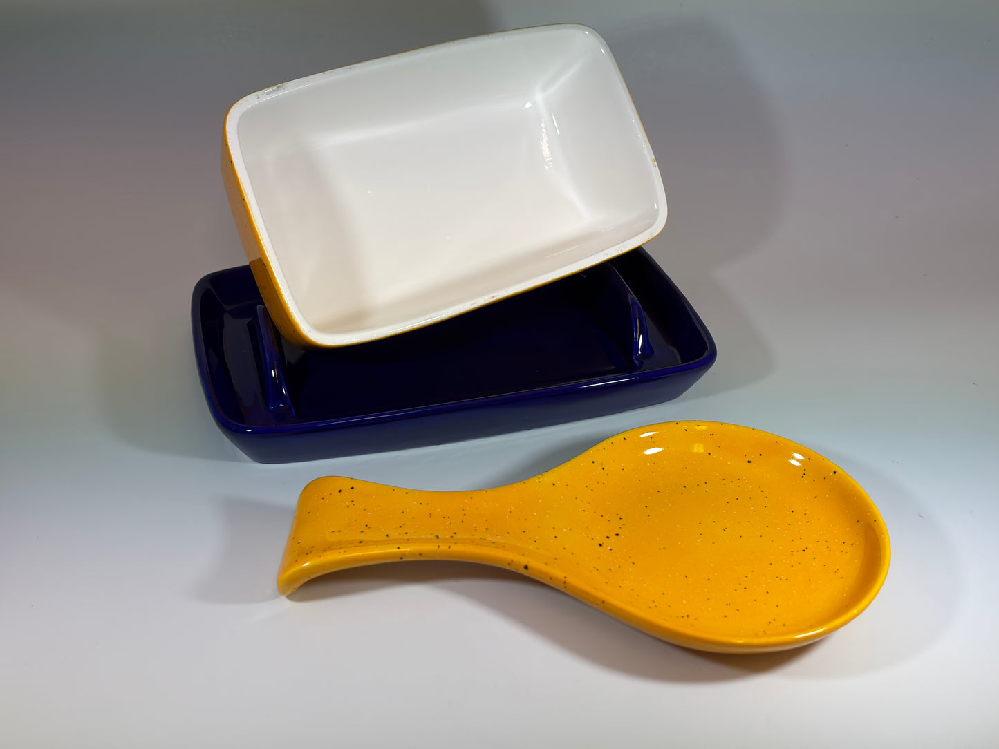 blue butter dish and spoon rest set