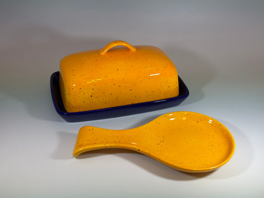 blue butter dish and spoon rest set