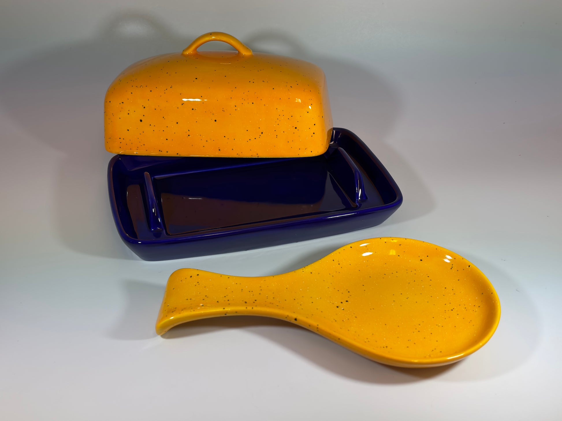 blue butter dish and spoon rest set