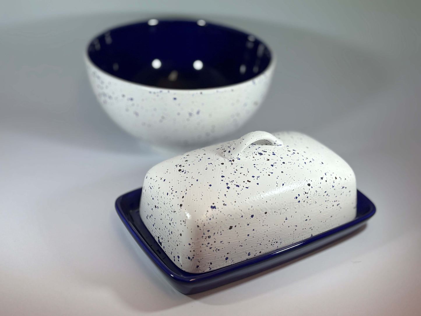 Fruit Bowl and Butter Dish Set - Royal Blue Speckle Glaze