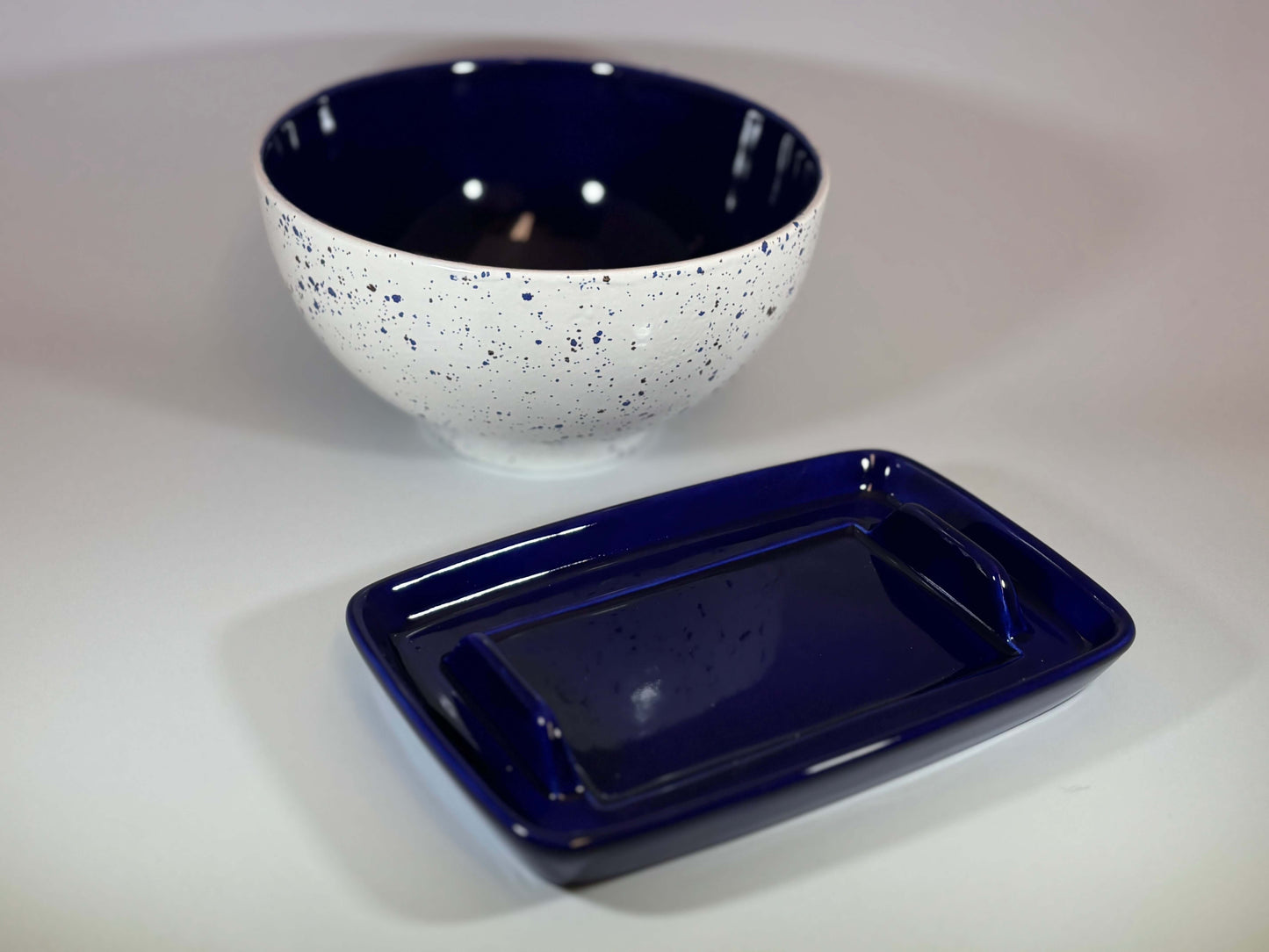 Fruit Bowl and Butter Dish Set - Royal Blue Speckle Glaze