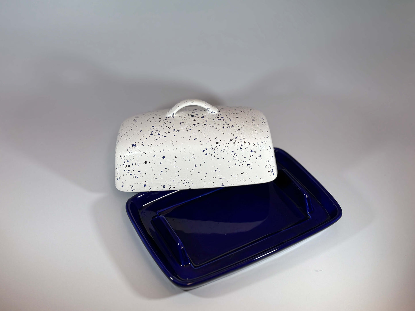 Fruit Bowl and Butter Dish Set - Royal Blue Speckle Glaze