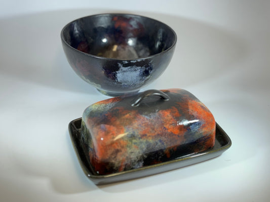 Butter Dish and Fruit Bowl Set Abstract Glaze