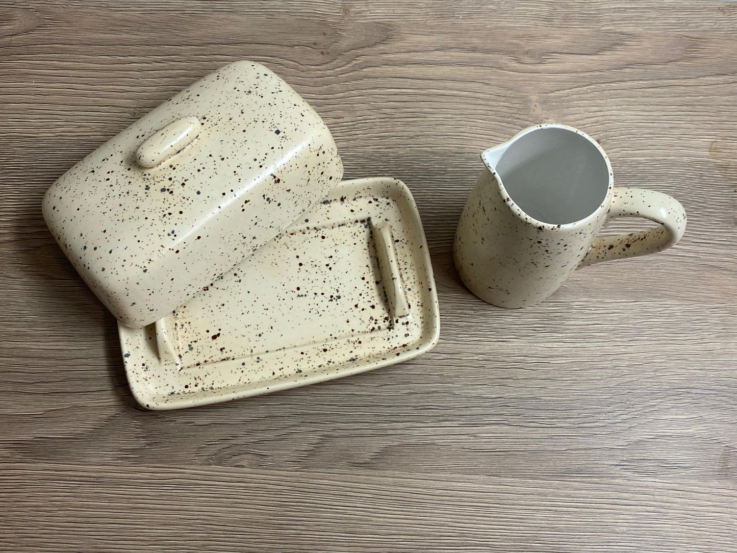 Butter Dish and Milk Jug set in Speckled Honey Glaze