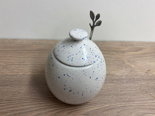 Light Speckled Blue Sugar Bowl with Spoon
