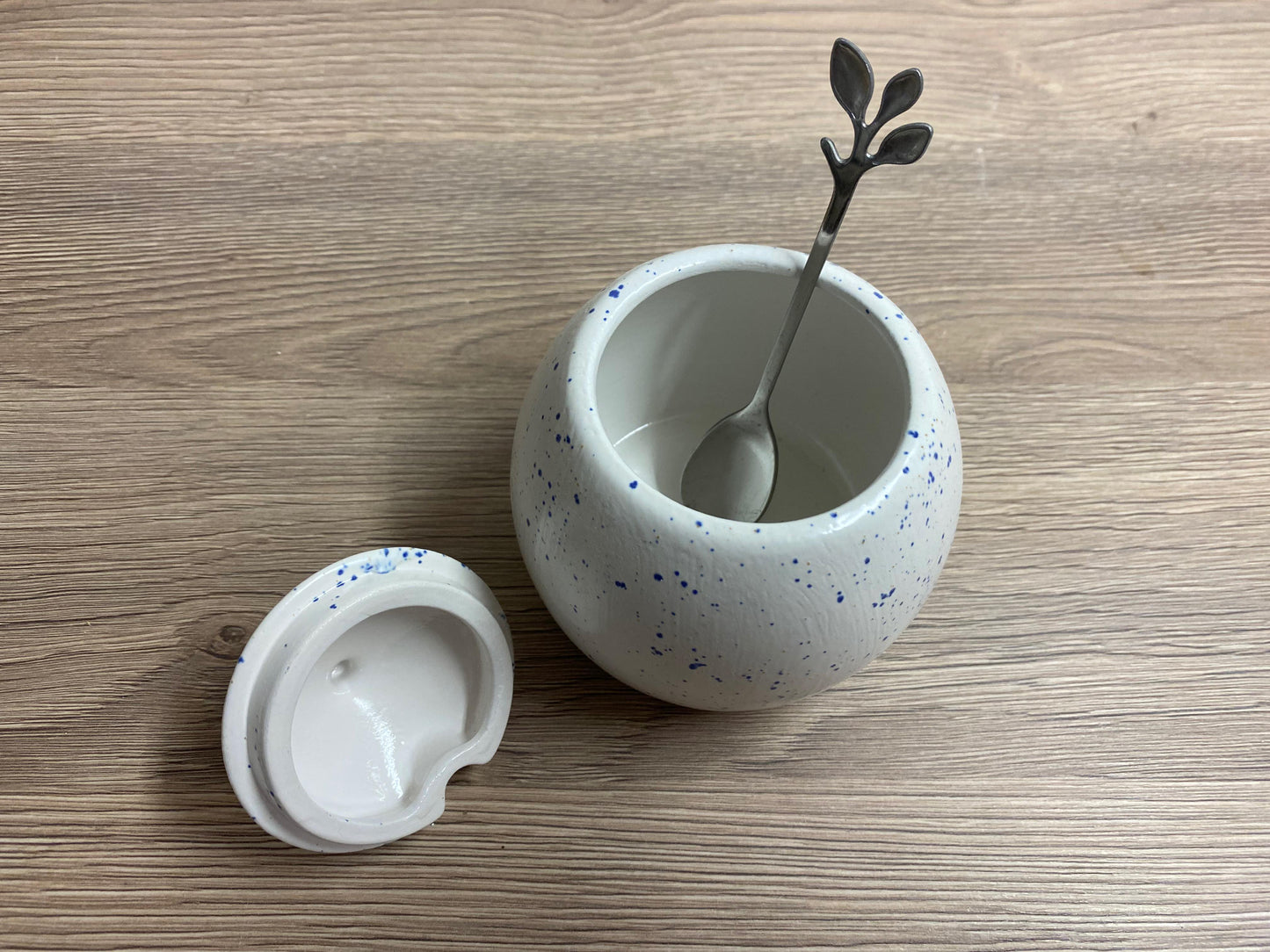 Sugar Bowl with Spoon Light Speckled Blue