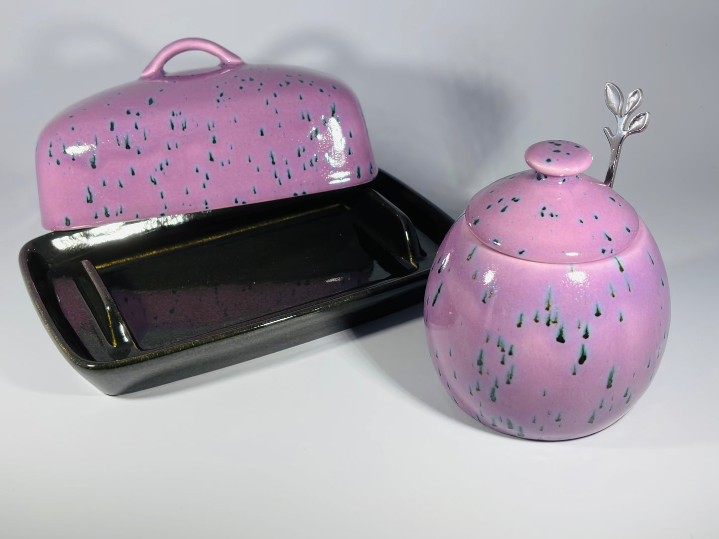 butter dish and sugar bowl set - speckled purple