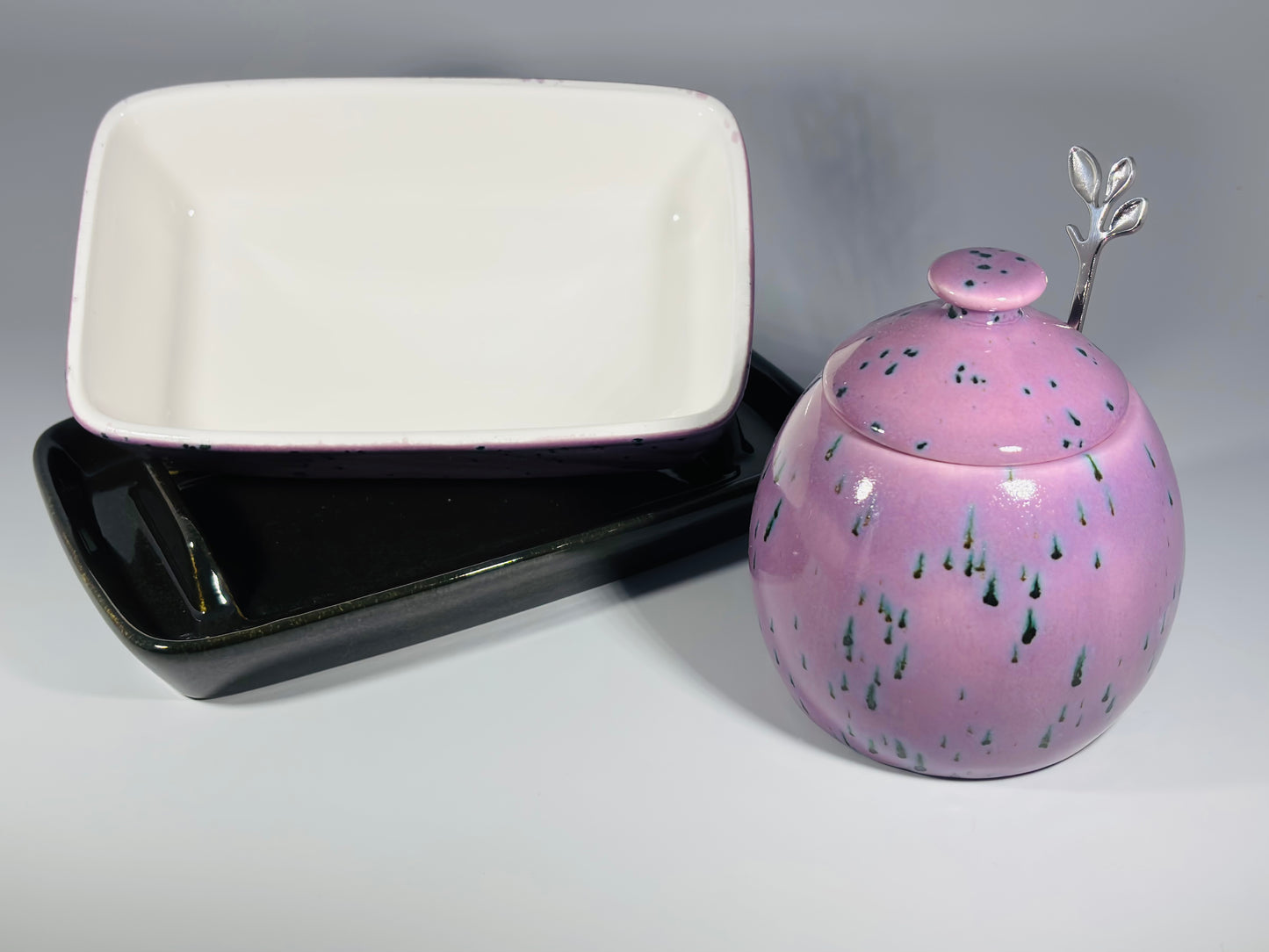 butter dish and sugar bowl set - speckled purple