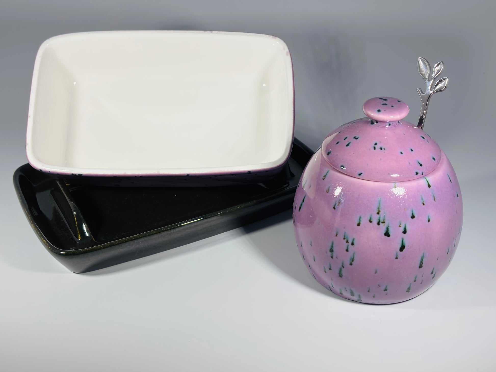 butter dish and sugar bowl set - speckled purple