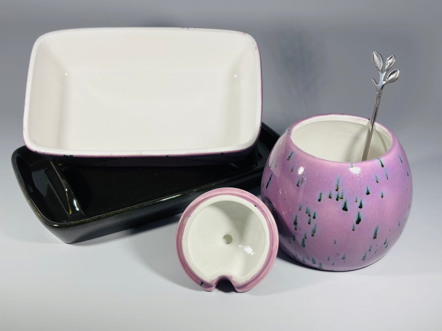 butter dish and sugar bowl set - speckled purple