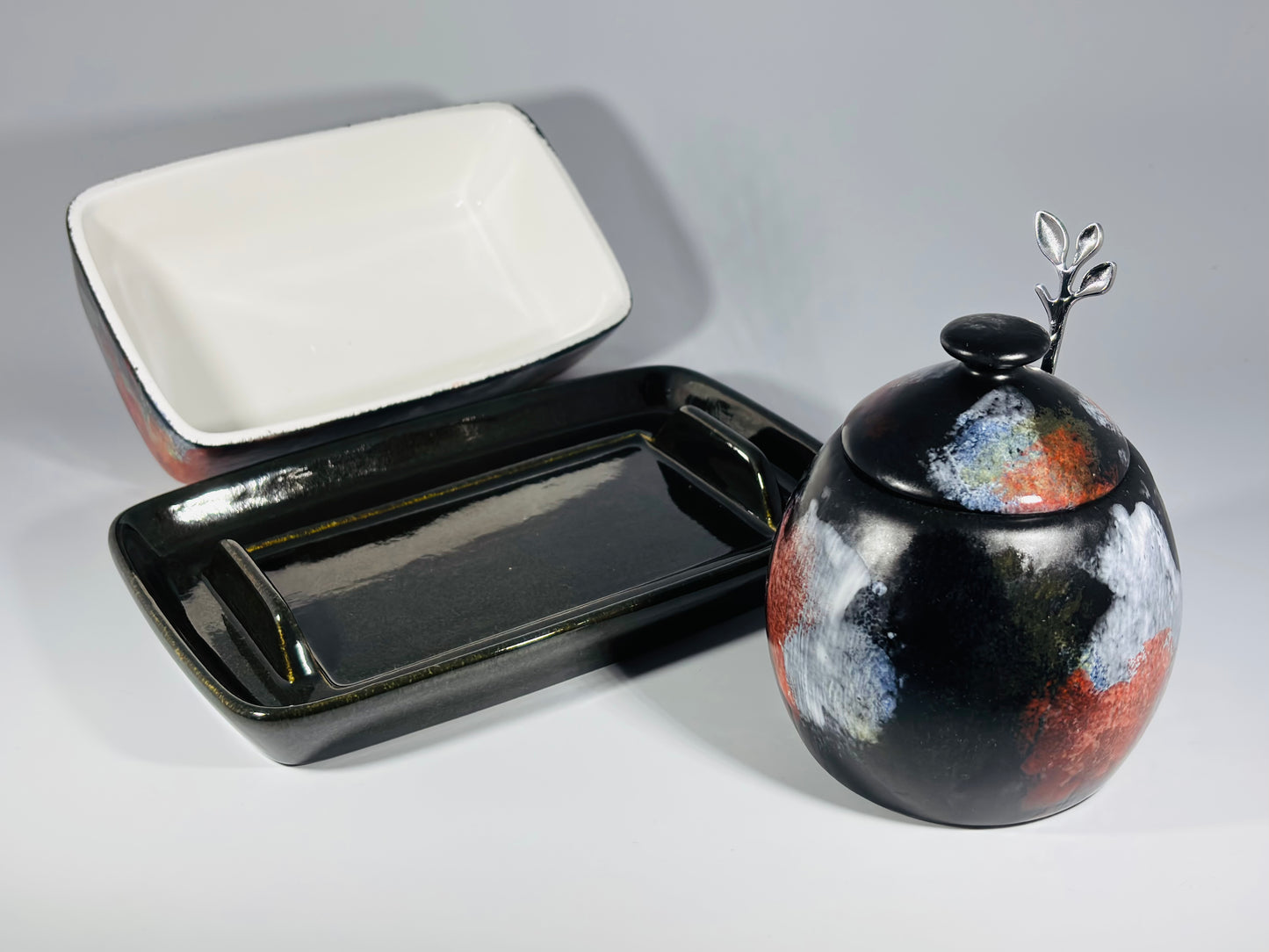 butter dish and sugar bowl set - abstract glaze