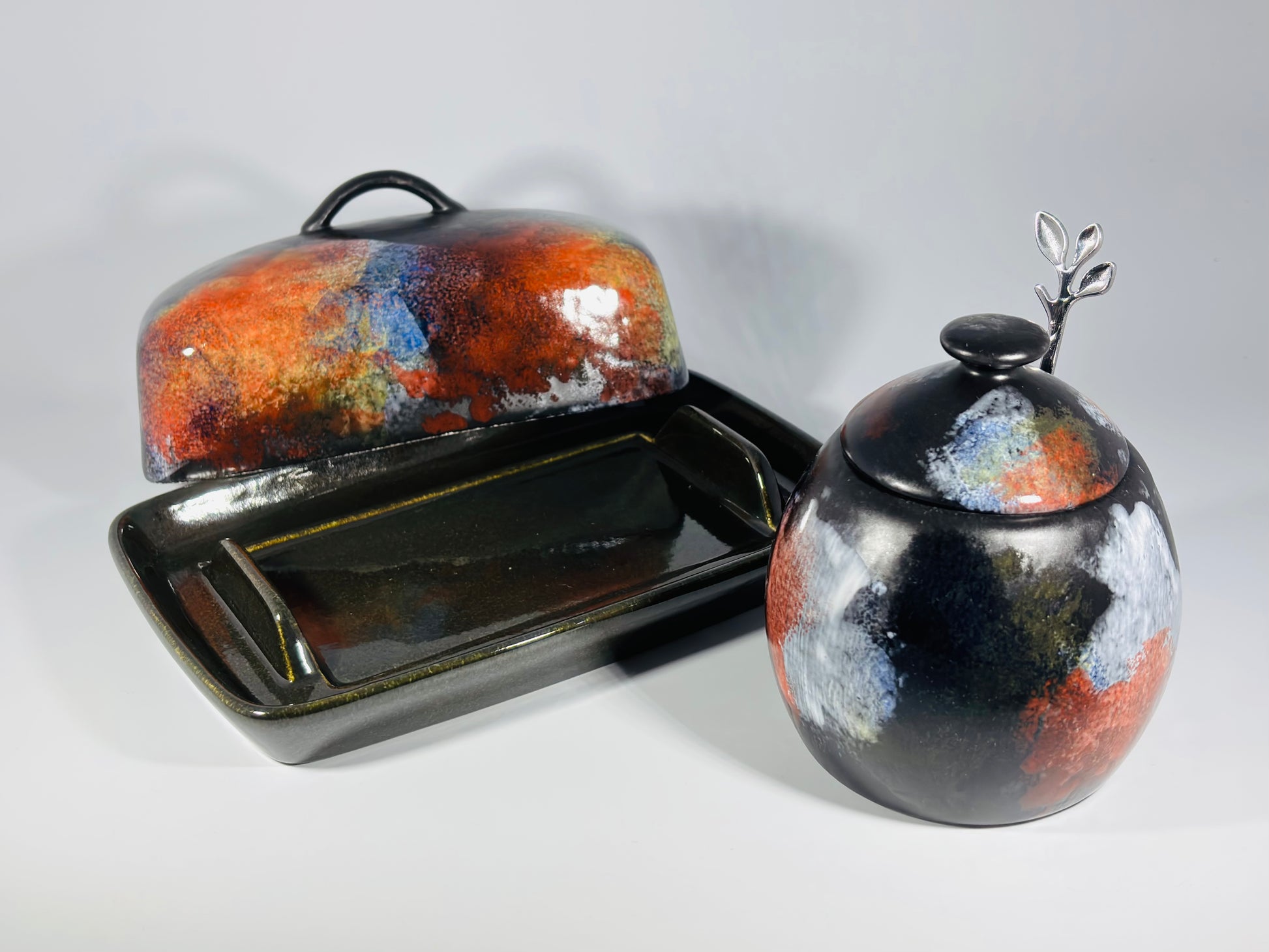 butter dish and sugar bowl set - abstract glaze