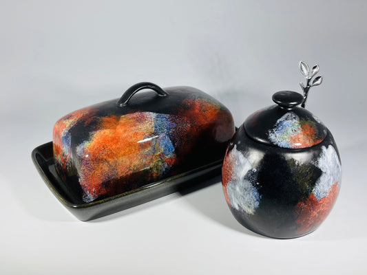 butter dish and sugar bowl set - abstract glaze
