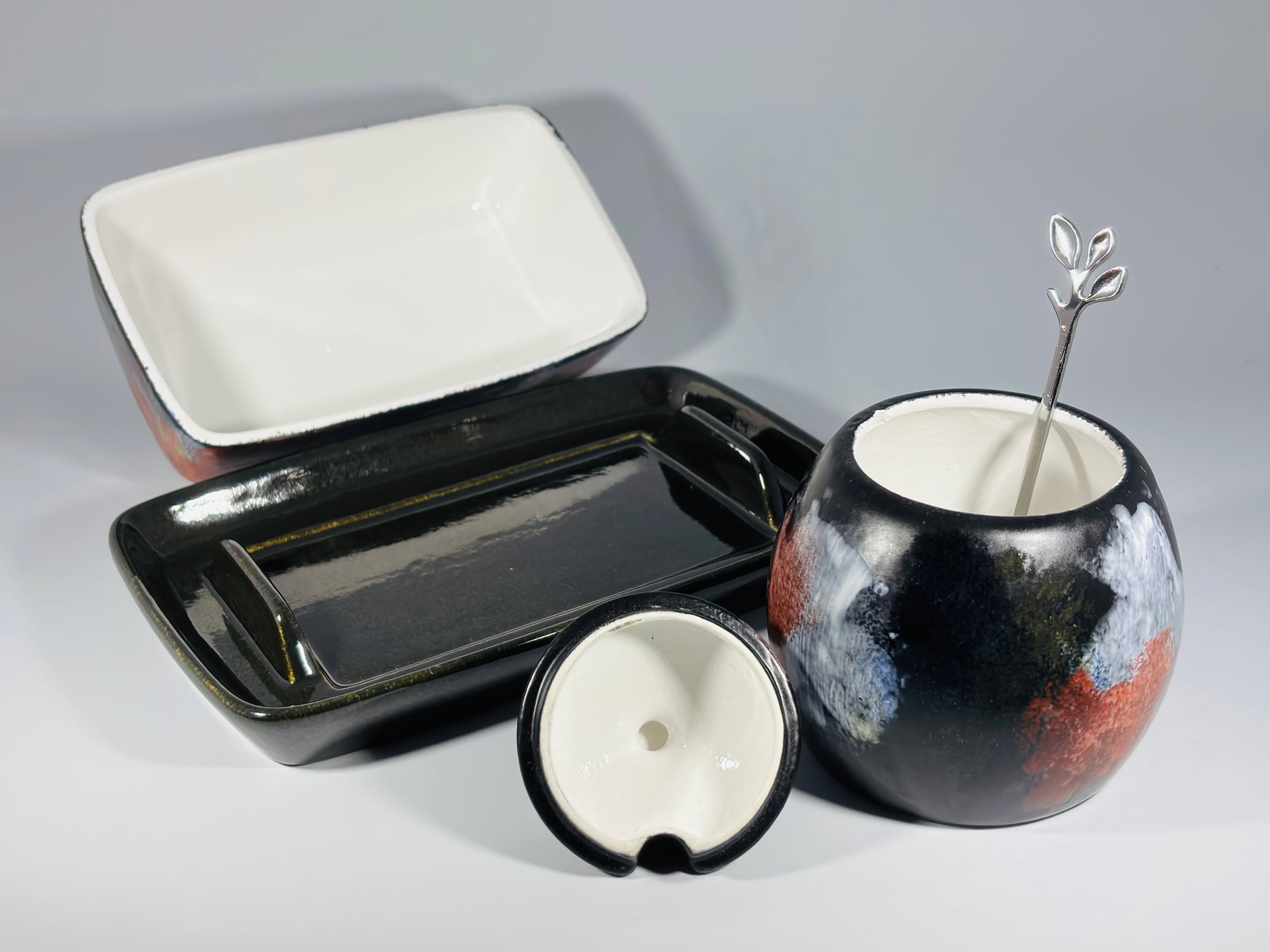 butter dish and sugar bowl set - abstract glaze