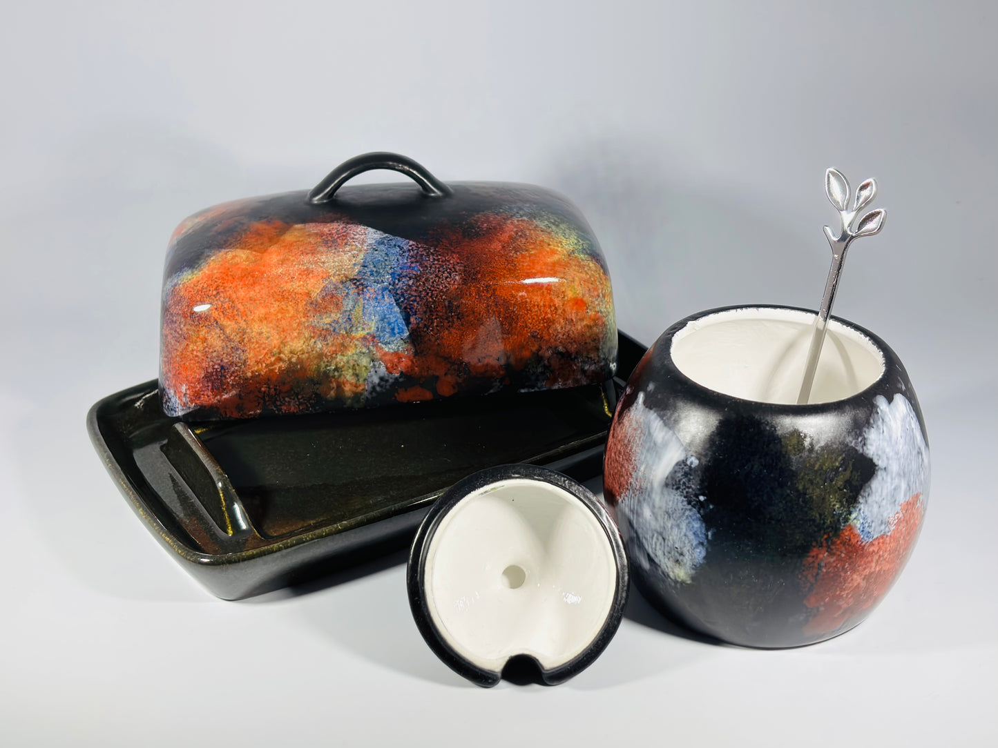 butter dish and sugar bowl set - abstract glaze