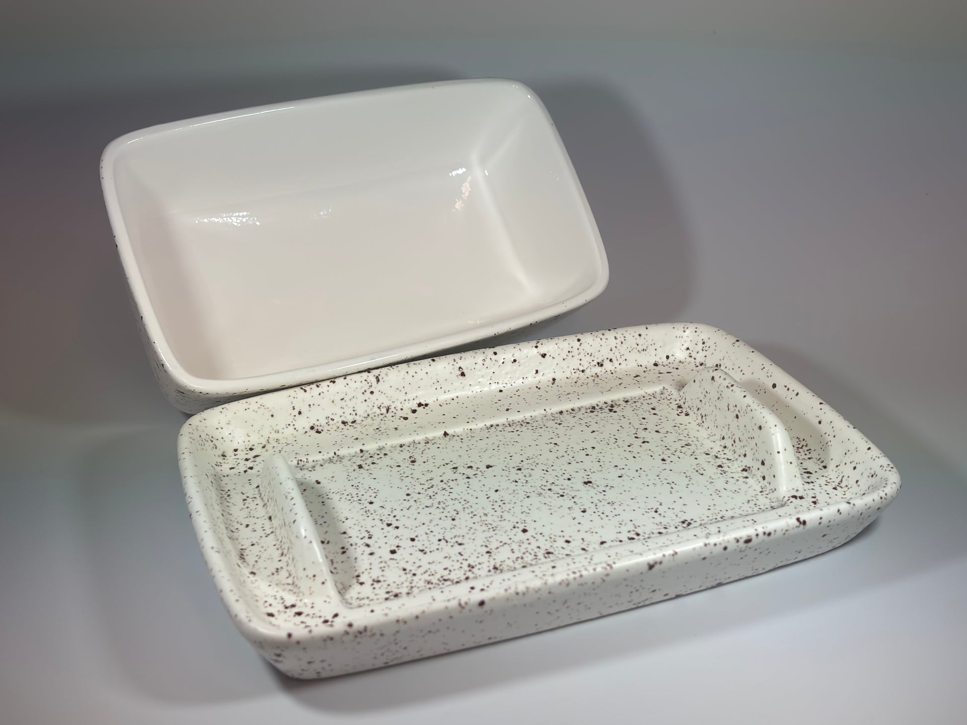 stoneware speckled white butter dish