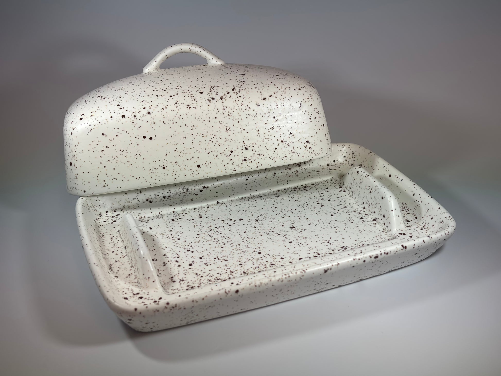 stoneware speckled white butter dish