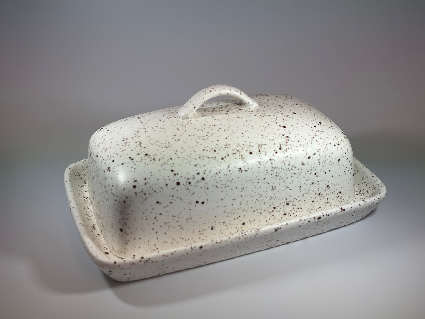 stoneware speckled white butter dish