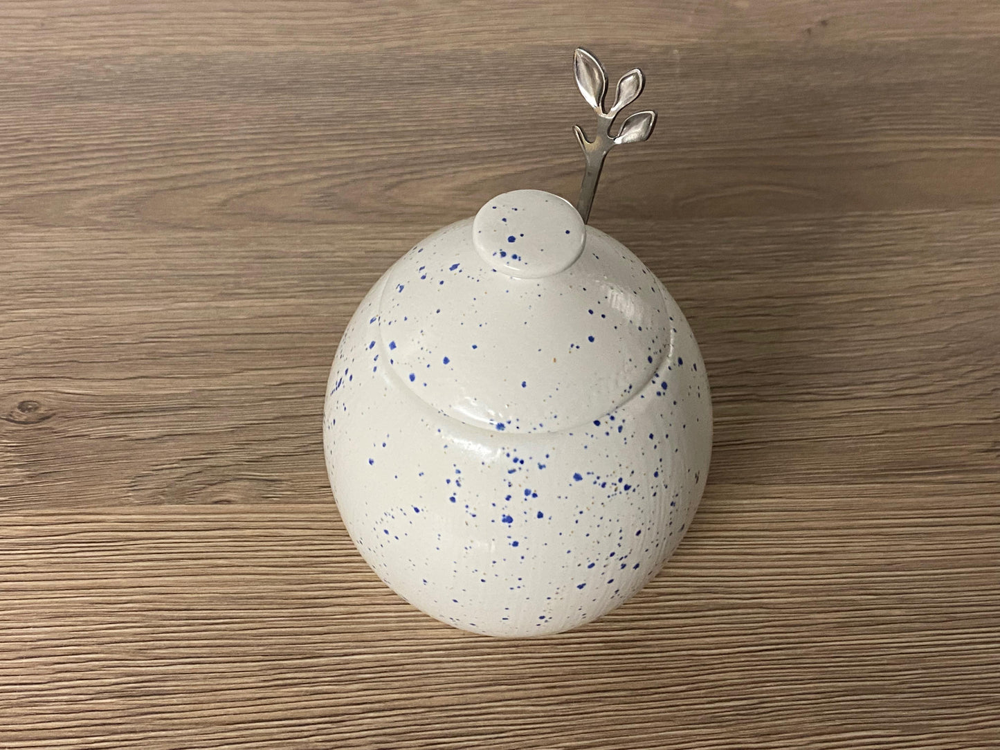 Sugar Bowl with Spoon Light Speckled Blue