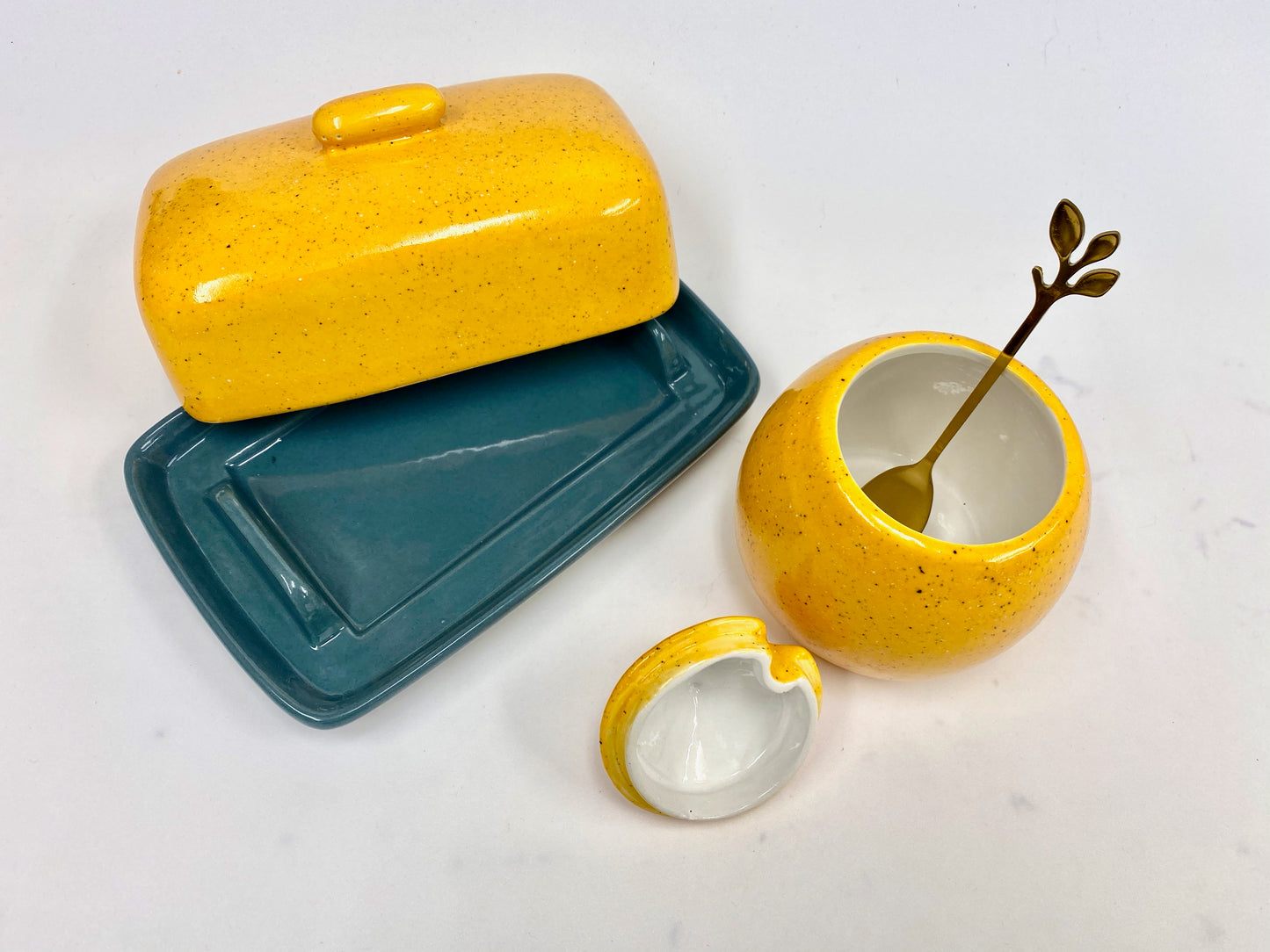 Butter Dish with Sugar Bowl Set - Yellow Glaze