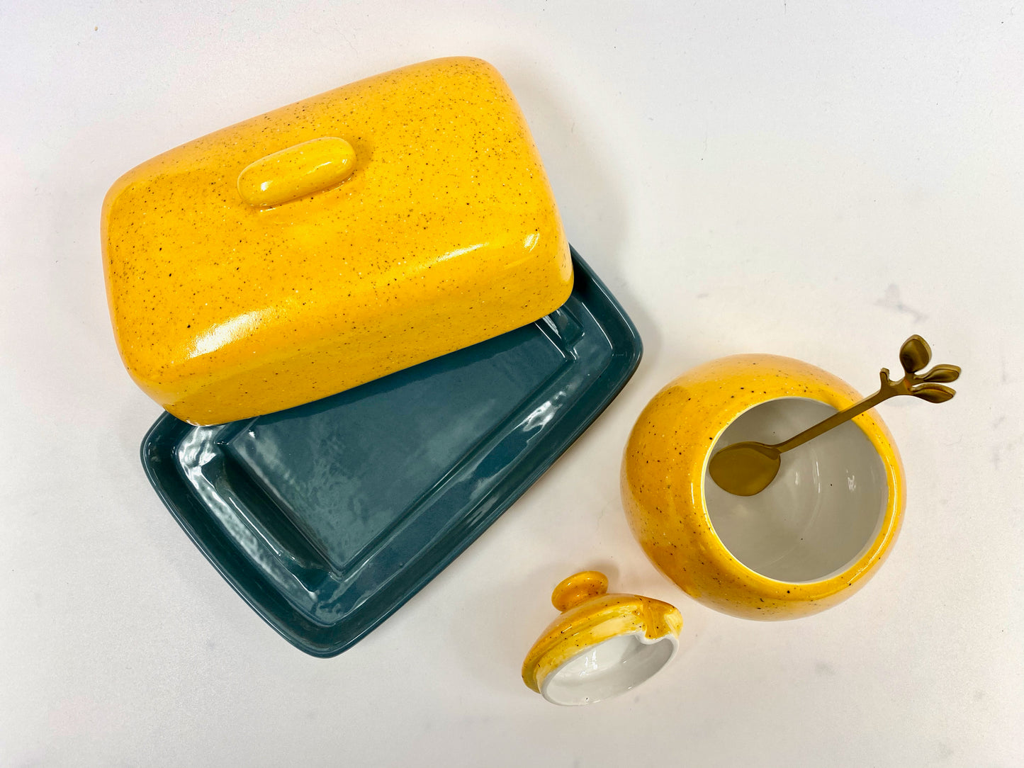 Butter Dish with Sugar Bowl Set - Yellow Glaze