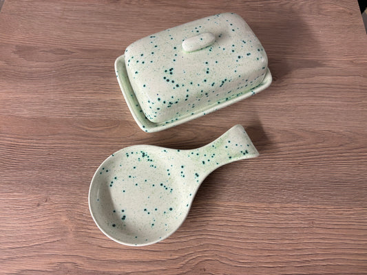 Butter Dish and Spoon Rest set Speckled Green