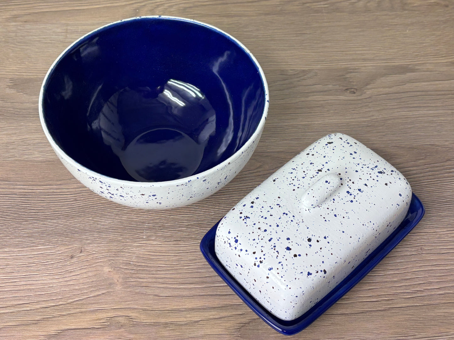 Butter Dish and Fruit Bowl Set - Blue Speckle glaze