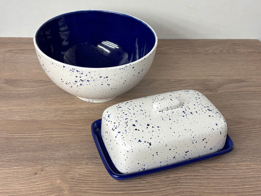 Butter Dish and Fruit Bowl Set - Blue Speckle glaze