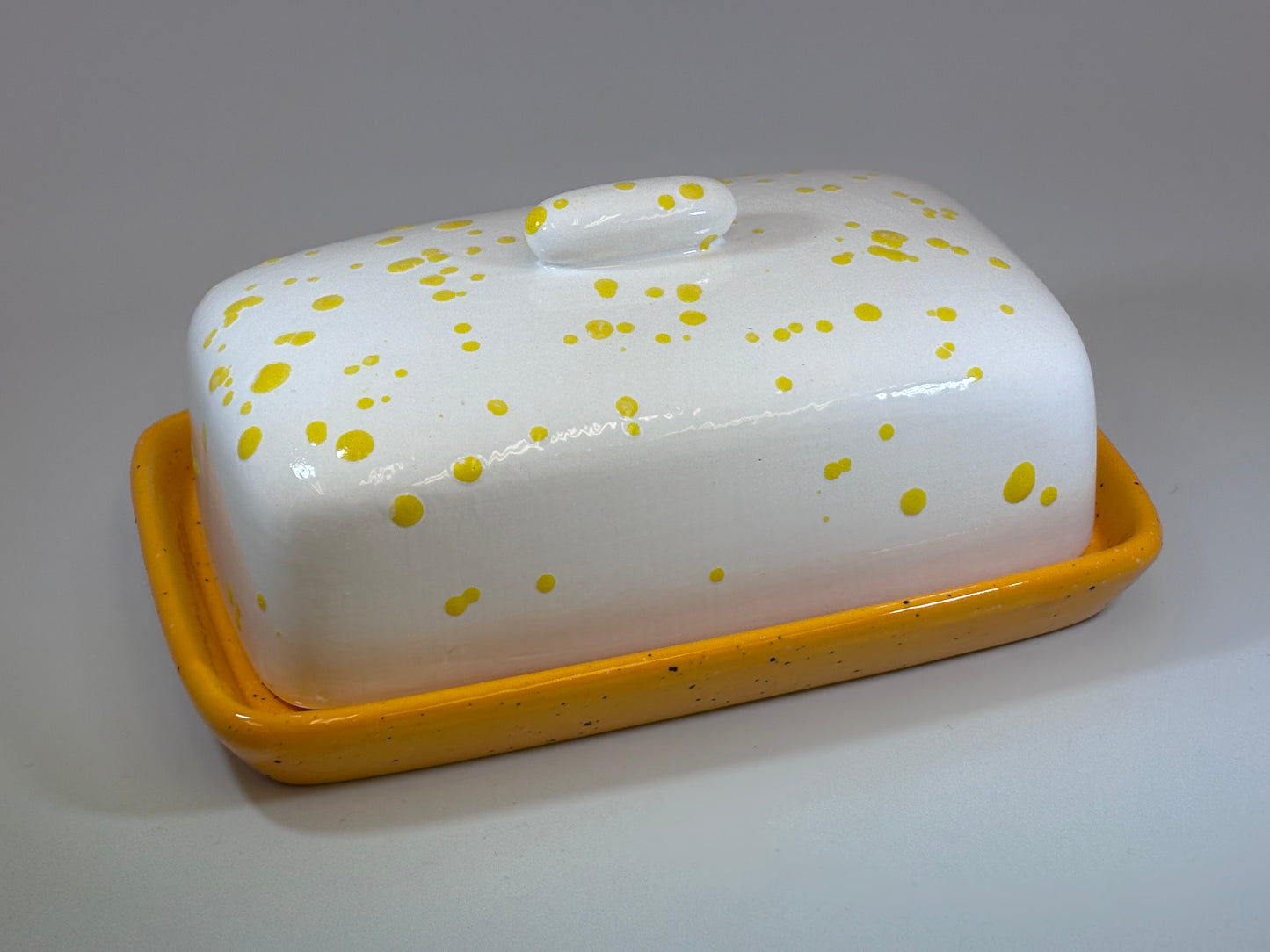 Butter Dish with White Lid Yellow Spots