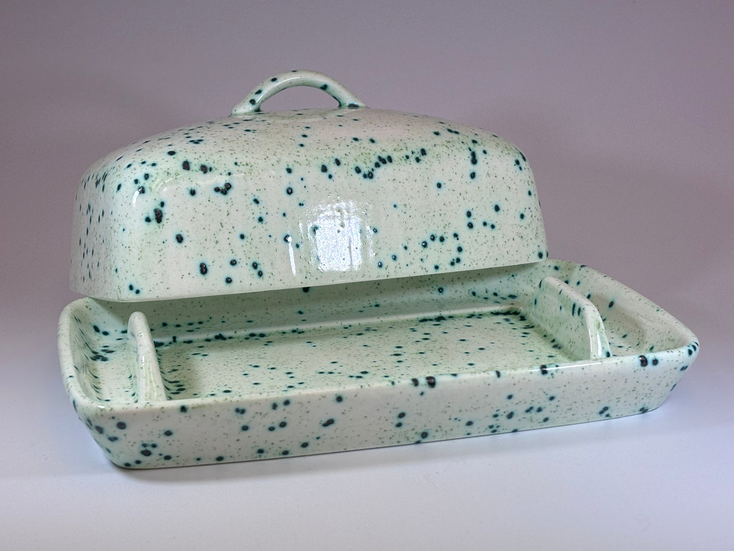 Speckled Green Butter Dish with Handle
