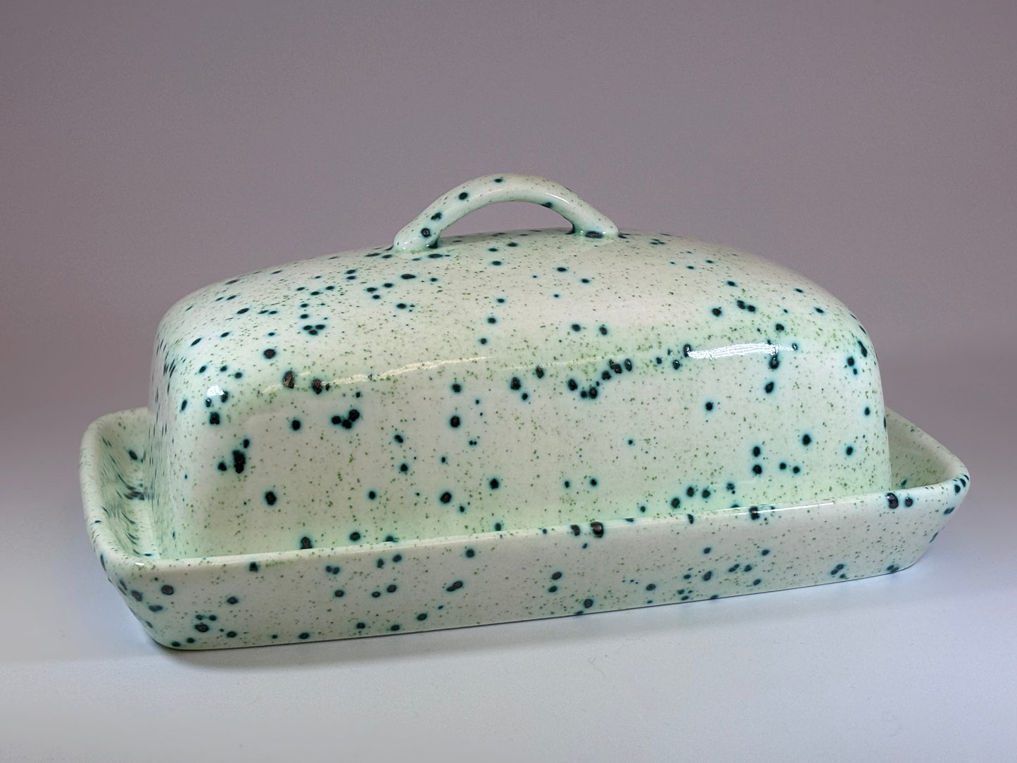 Speckled Green Butter Dish with Handle