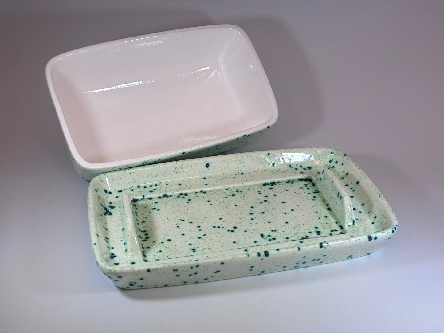 Speckled Green Butter Dish with Handle