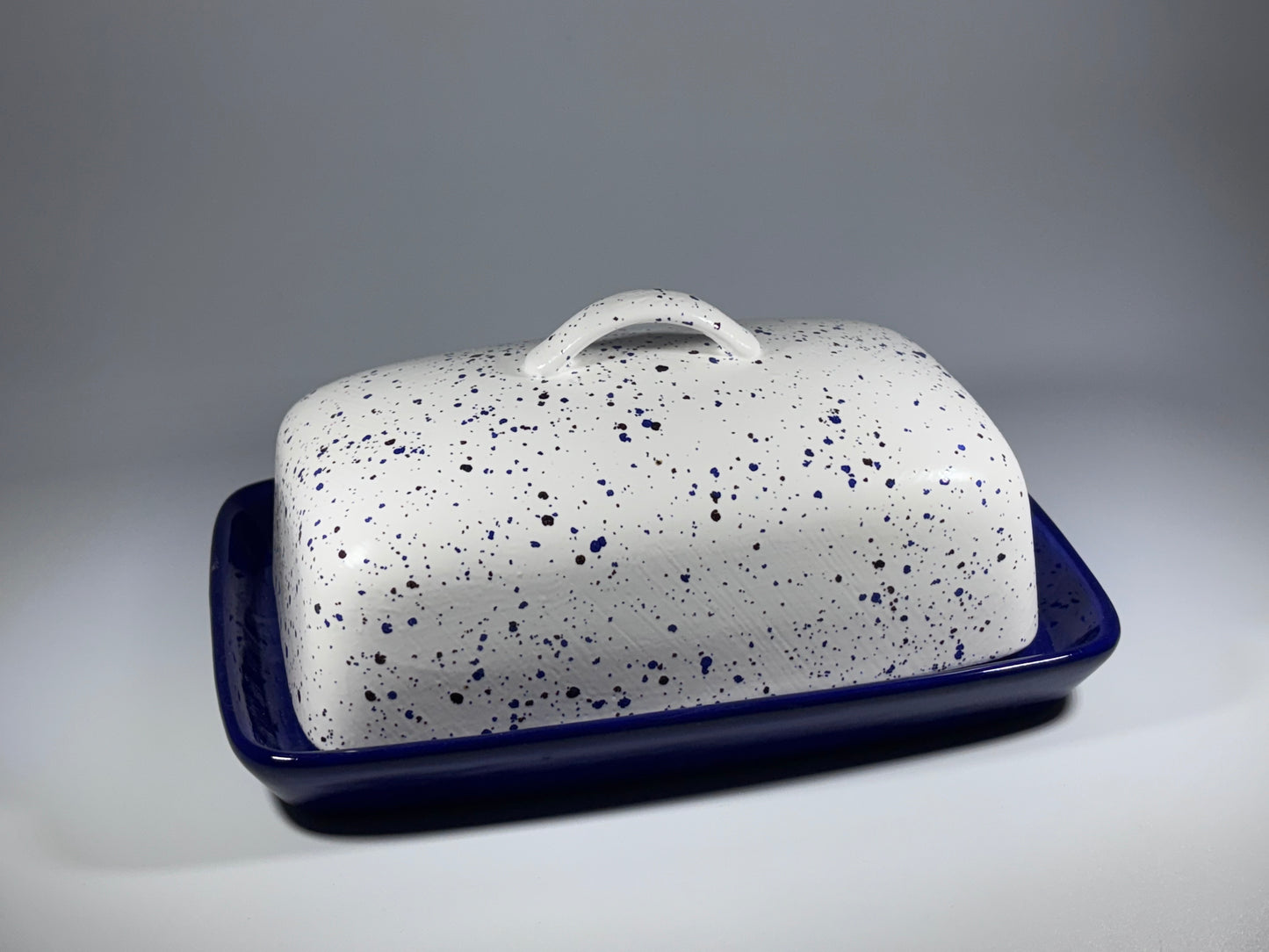 Speckled Blue Butter Dish with Handle