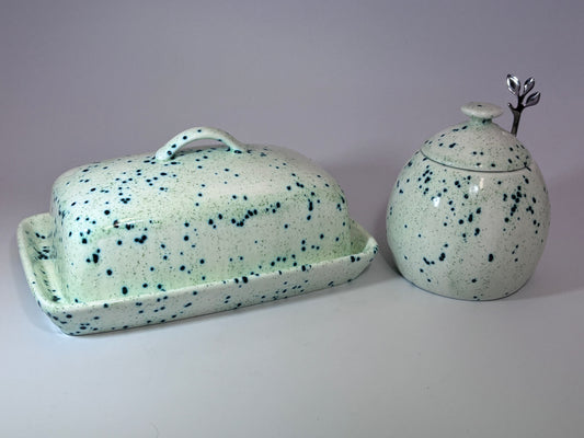 Butter Dish and Sugar Bowl set Speckled Green