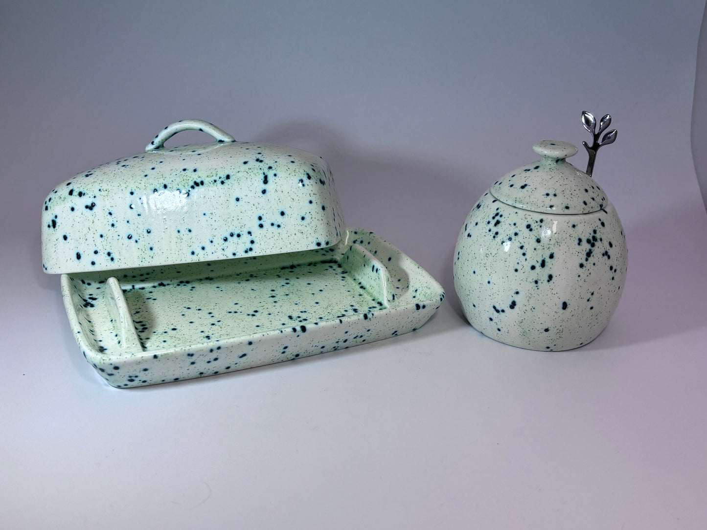 Butter Dish and Sugar Bowl set Speckled Green
