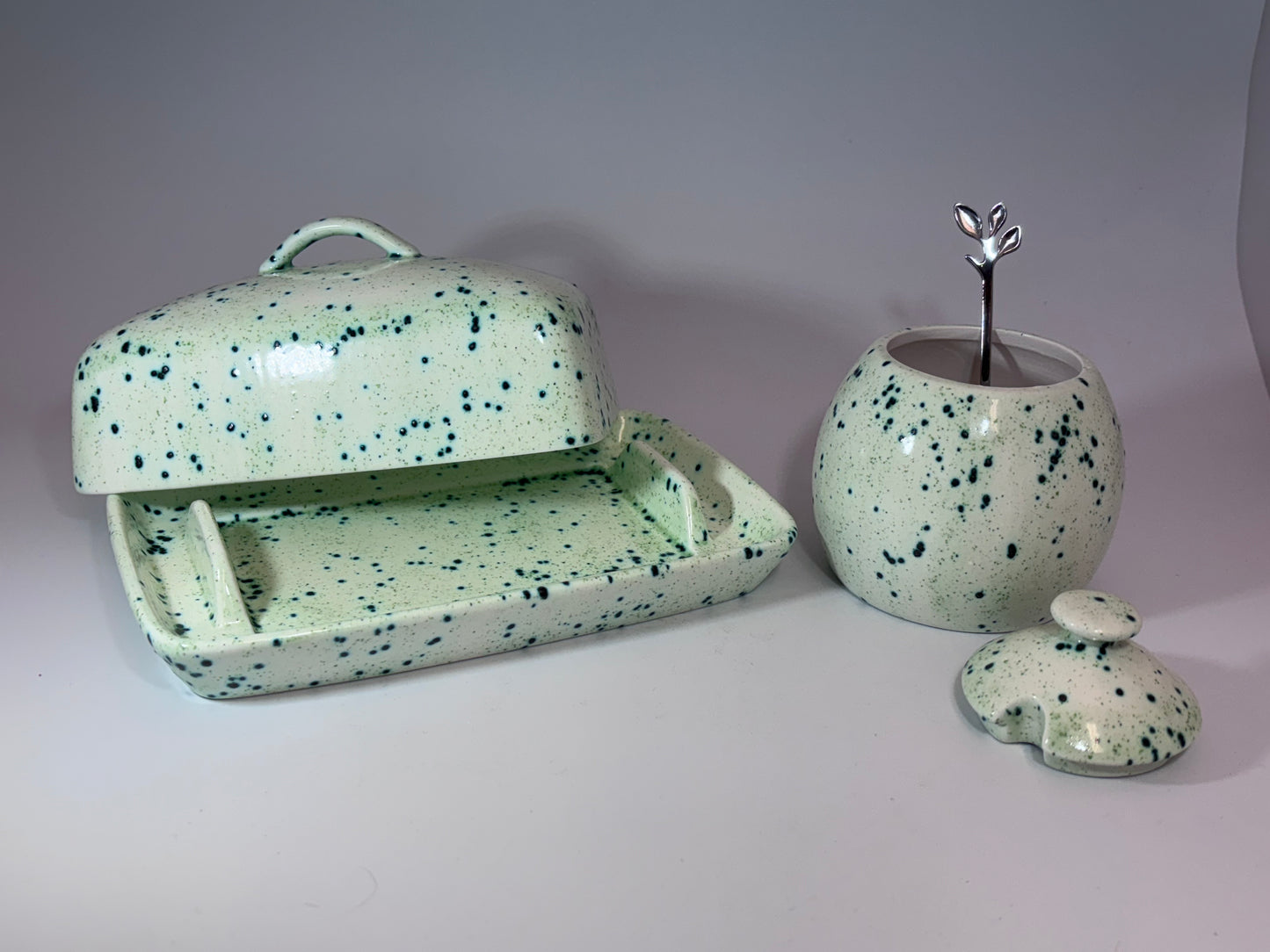 Butter Dish and Sugar Bowl set Speckled Green