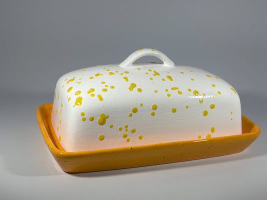 Stoneware Butter Dish with White Lid Yellow Spots