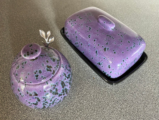speckled purple butter dish and sugar bowl