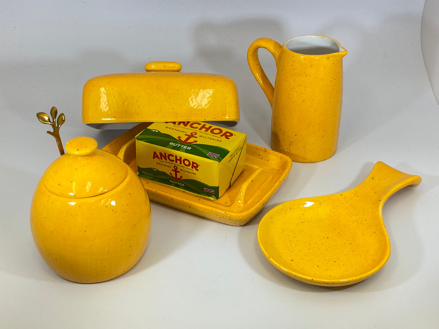 Butter Dish, Sugar Bowl, Spoon Rest and Milk Jug Set - Speckled Yellow - PeterBowenArt