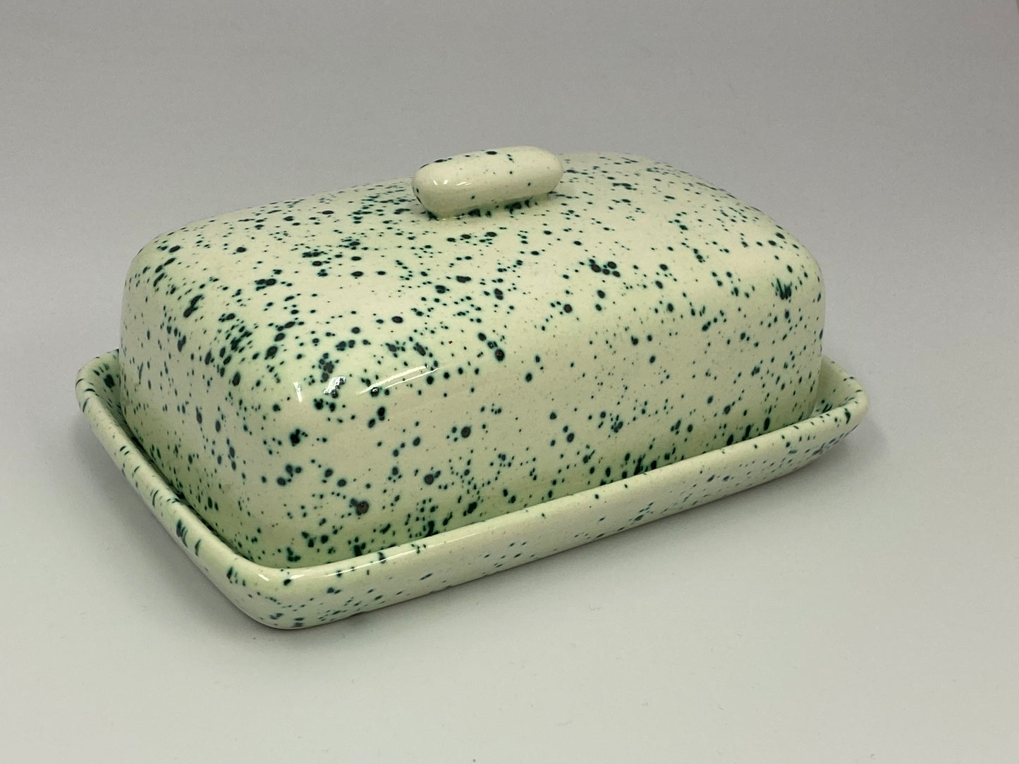 Butter Dish, Sugar Bowl, Milk Jug Set Speckled Green Glaze