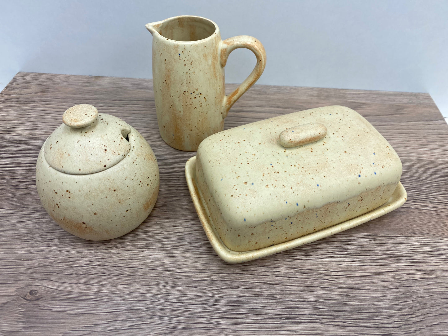 Butter Dish, Sugar Bowl and Milk Jug Set with Spoon Rest - Oatmeal Glaze