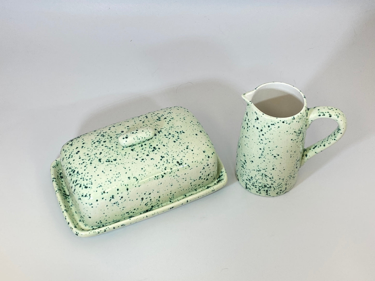 Butter Dish and Milk Jug Speckled Green Glaze - PeterBowenArt