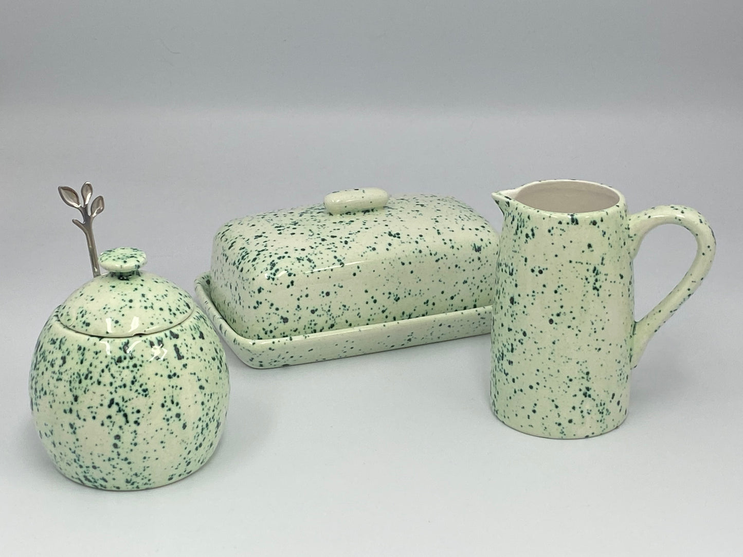 Butter Dish, Sugar Bowl, Milk Jug Set Speckled Green Glaze