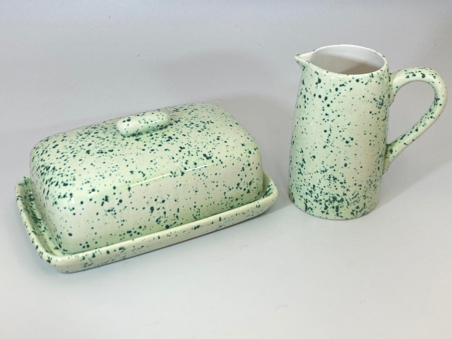 Butter Dish and Milk Jug Speckled Green Glaze - PeterBowenArt