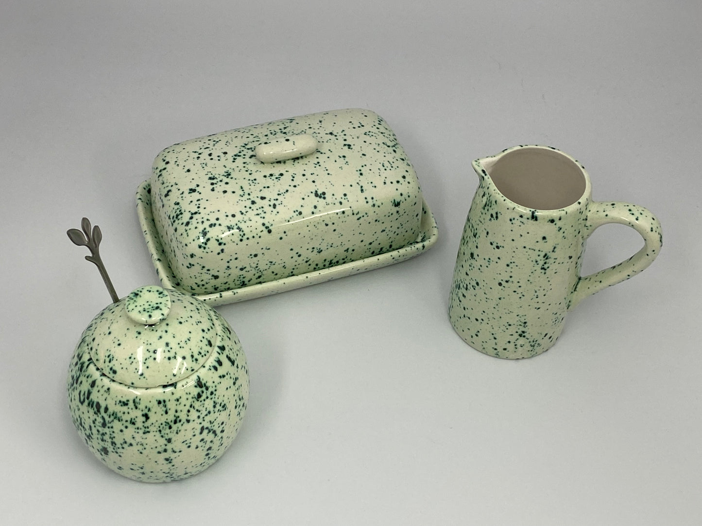 Butter Dish, Sugar Bowl, Milk Jug Set Speckled Green Glaze