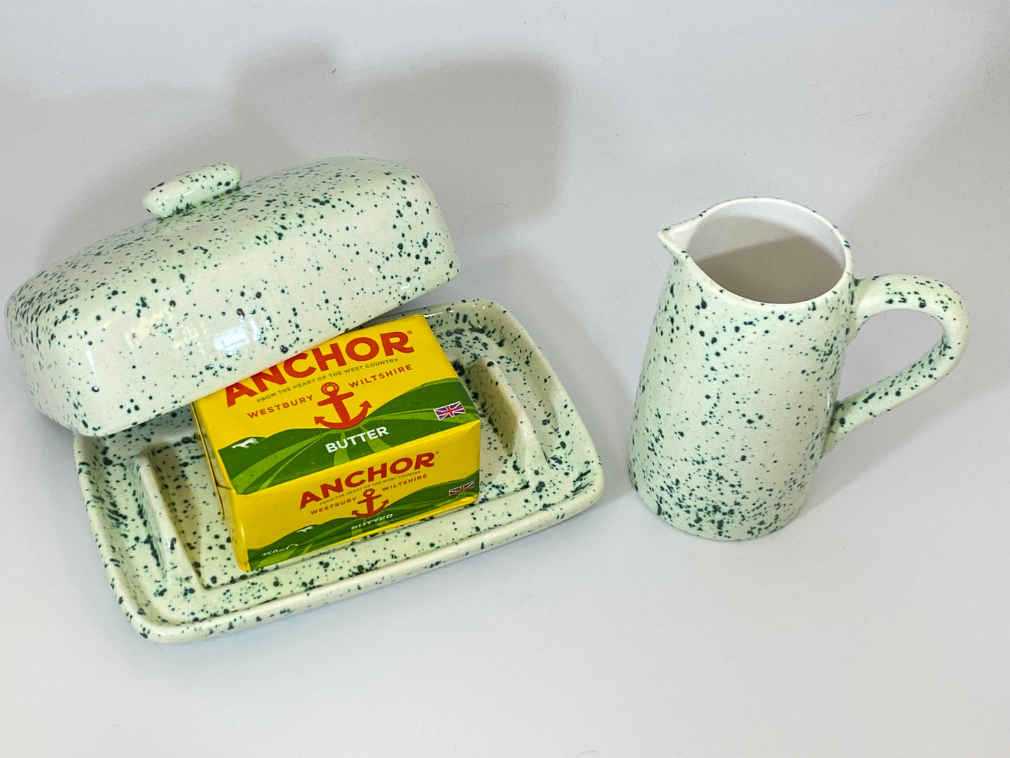 Butter Dish and Milk Jug Speckled Green Glaze - PeterBowenArt