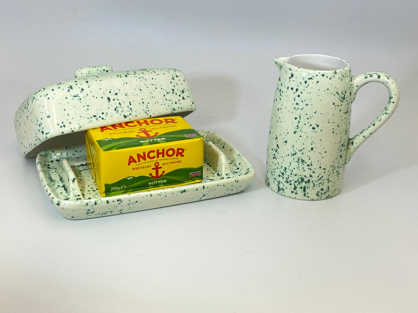 Butter Dish and Milk Jug Speckled Green Glaze - PeterBowenArt