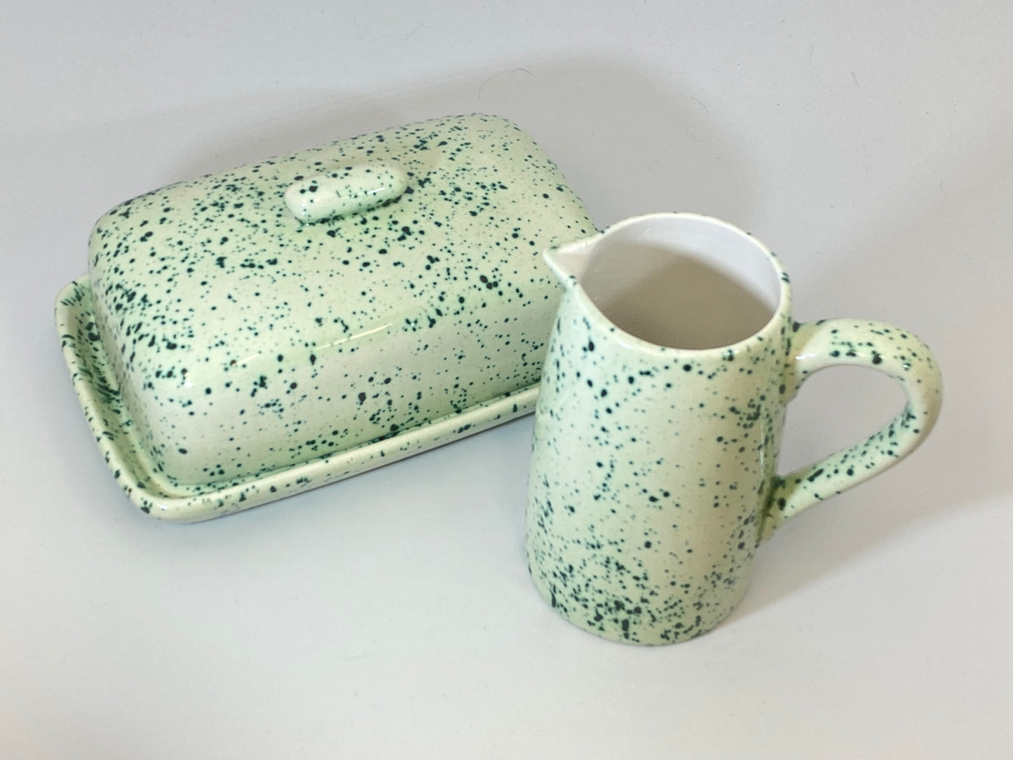 Butter Dish and Milk Jug Speckled Green Glaze - PeterBowenArt