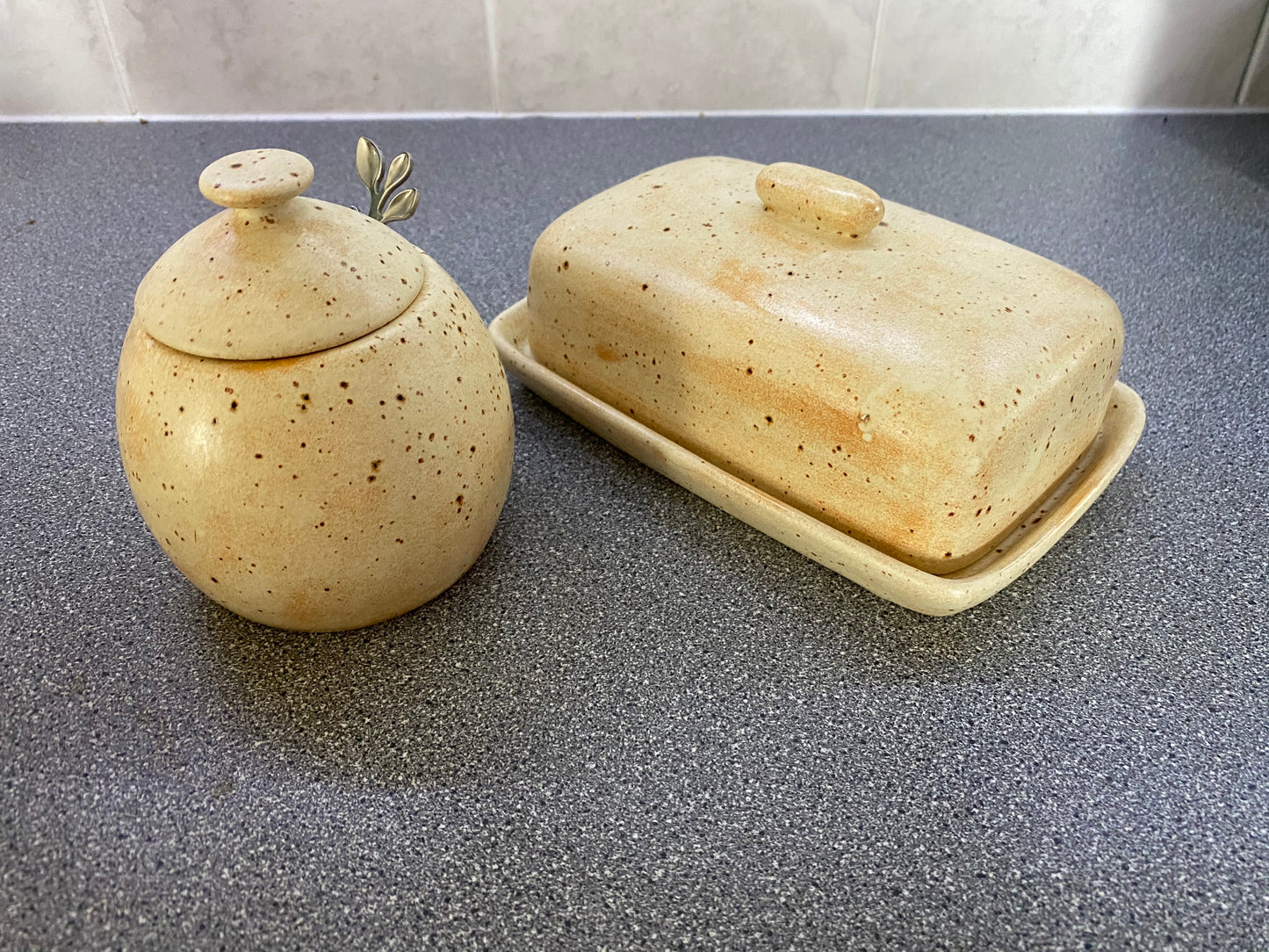 Butter Dish and Sugar Bowl Set Oatmeal Glaze - PeterBowenArt
