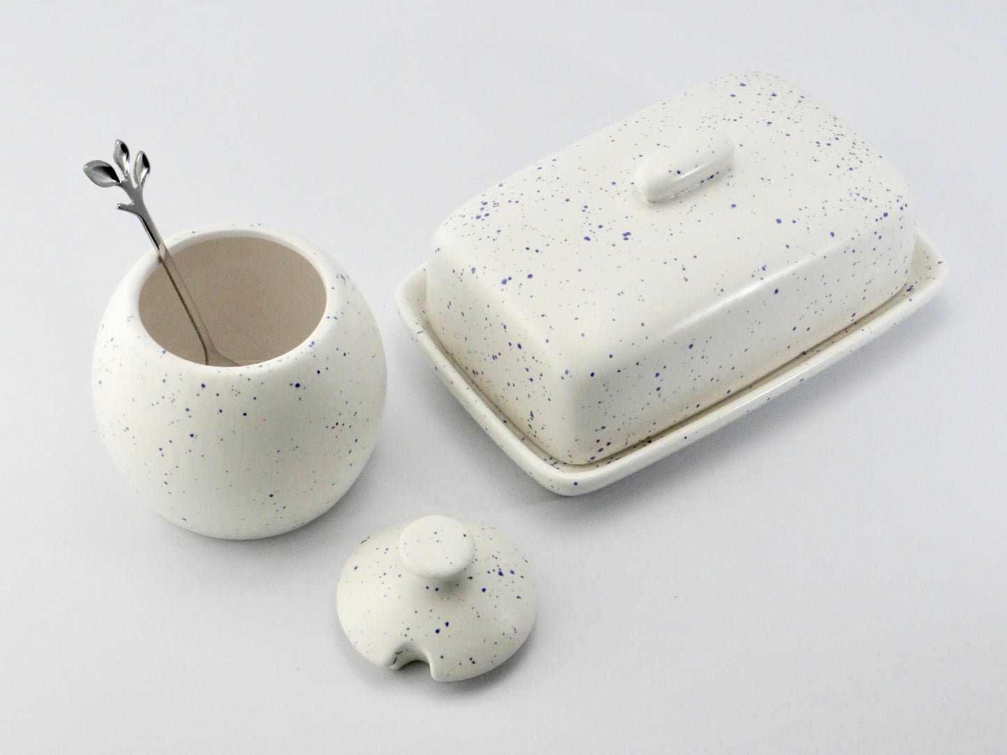 Butter Dish and Sugar Bowl Set - Light Blue Speckled Glaze - PeterBowenArt